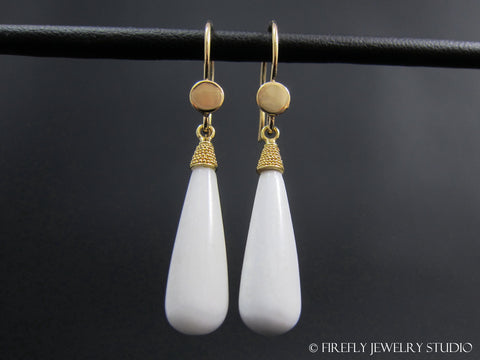 White Agate Earrings in 18k Yellow Gold by Firefly Jewelry Studio - www.fireflyjewelrystudio.com