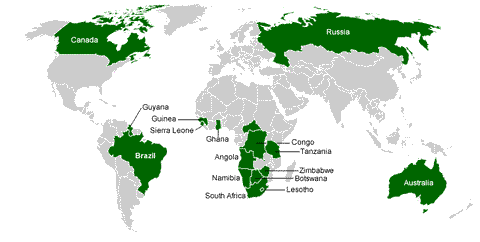 This map shows countries with at least 50,000 carats of natural gem-quality diamond production in 2015. The map clearly shows that natural diamond production occurs in many parts of the world. Map by Geology.com and MapResources. Data from USGS Mineral Commodity Summaries. https://geology.com/articles/gem-diamond-map/