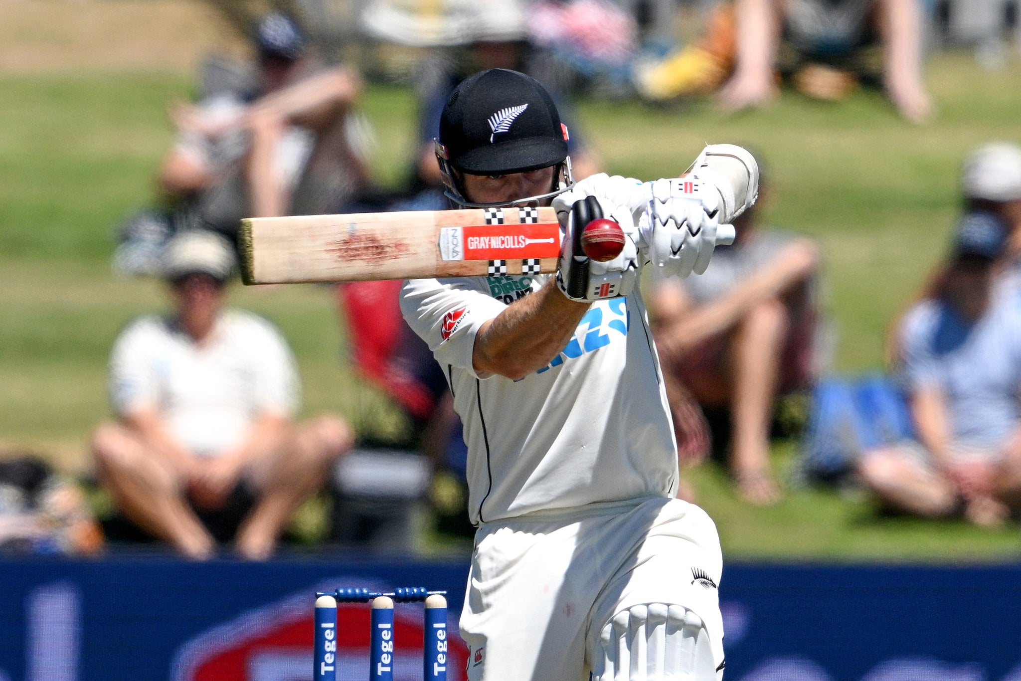 Williamson hits a boundary during his 30th Test hundred