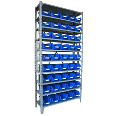 steel shelving unit with bins