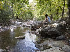 hiking, woods, mountains, streams, creeks, camping, finding peace, woman by a creek, loraleeartist, centsations
