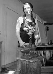 female, artist, woman, small business, anvil, blacksmith, hammer, metal artist, tattoos