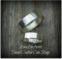 coin, coin ring, hammered, silver coin, wedding rings, centsations, lora lee artist