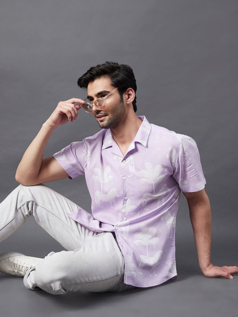 Purple Zebra Print Cuban Collar Half Sleeve Rayon Shirt