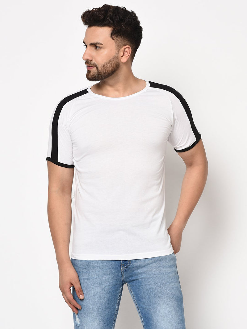 Rigo Men White Black Contrast Sleeve Detail Half Sleeve Cotton T Shirt Rigoindia