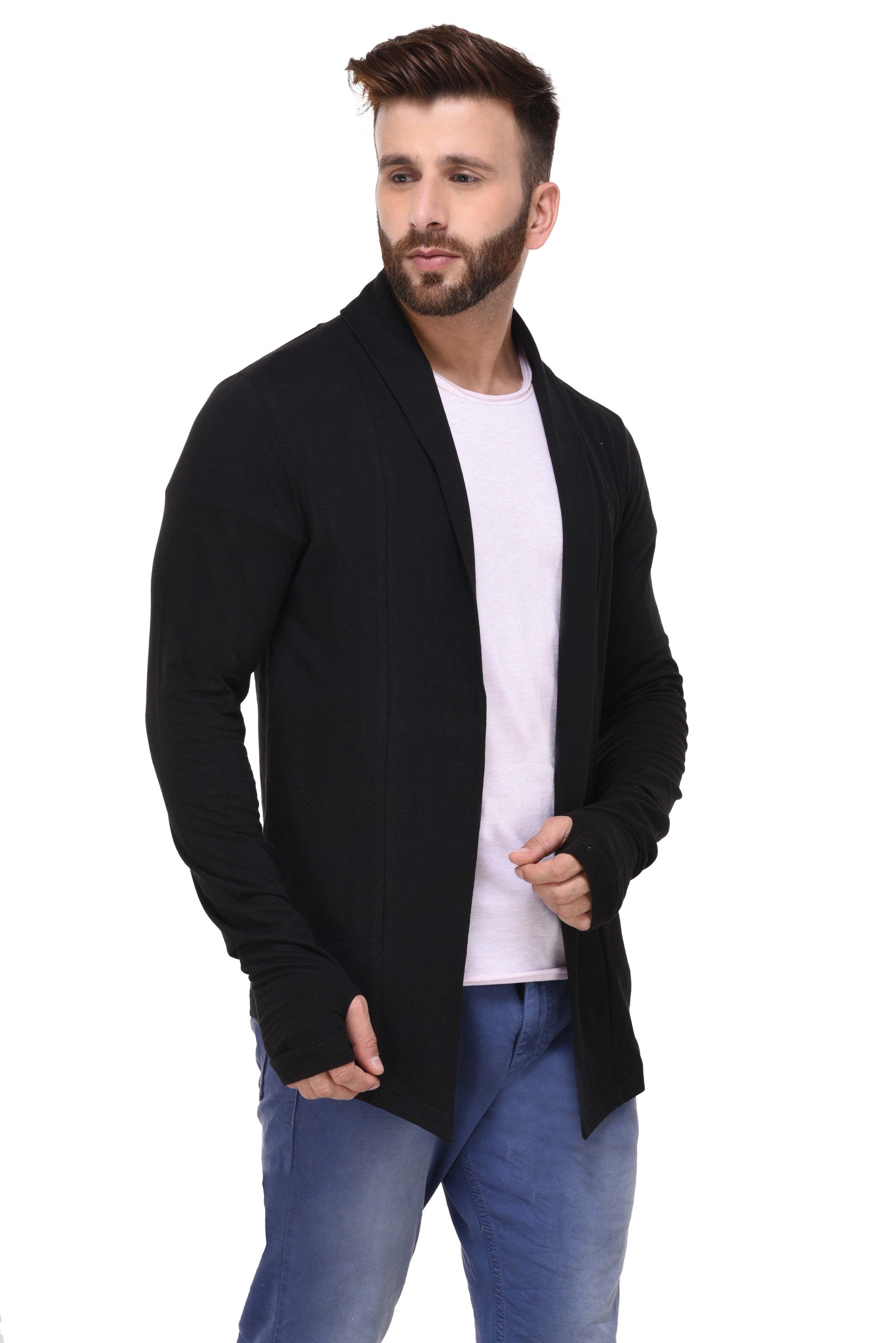 Rigo Black ThumbHole open Long Cardigan Full Sleeve Shrug for Men ...