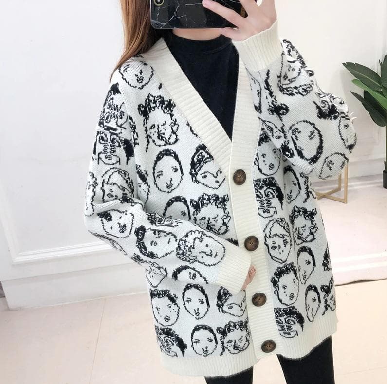Knit Cardigan with Cartoon Face Pattern - Asian Fashion Lianox