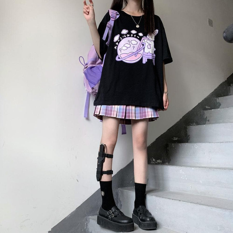T-Shirt With Rabbit Print And Japanese Lettering