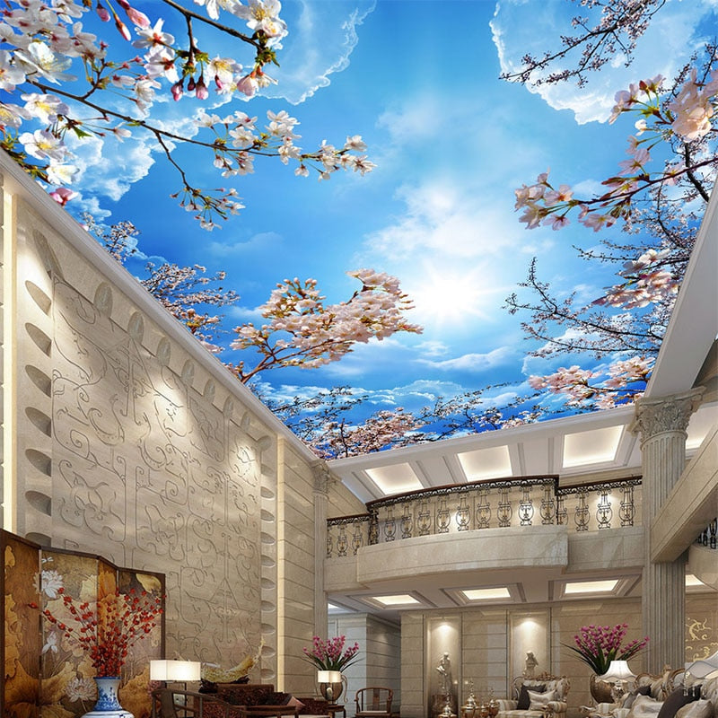 Romantic Blue Sky White Clouds Cherry Blossoms Photo Wallpaper 3d Ceiling Mural Living Room