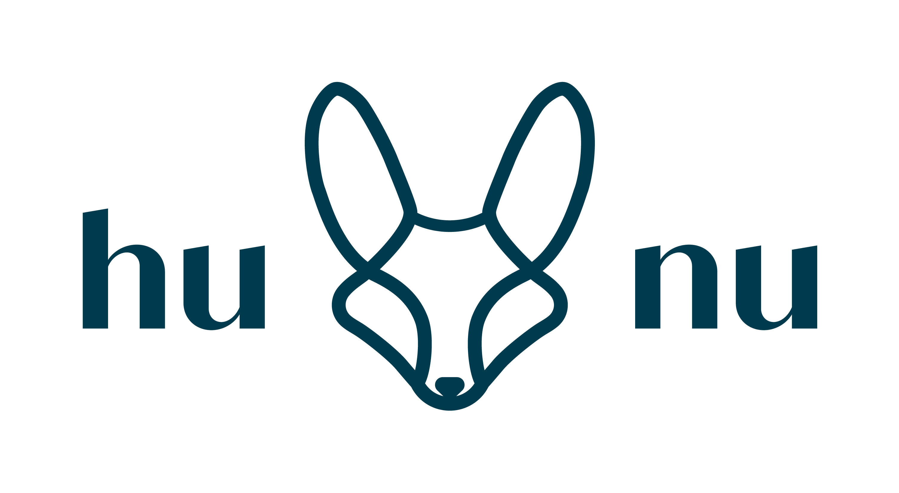 Dark blue line drawing of a fox face with 'hu' and 'nu' text.