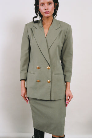 beige blazer green skirt