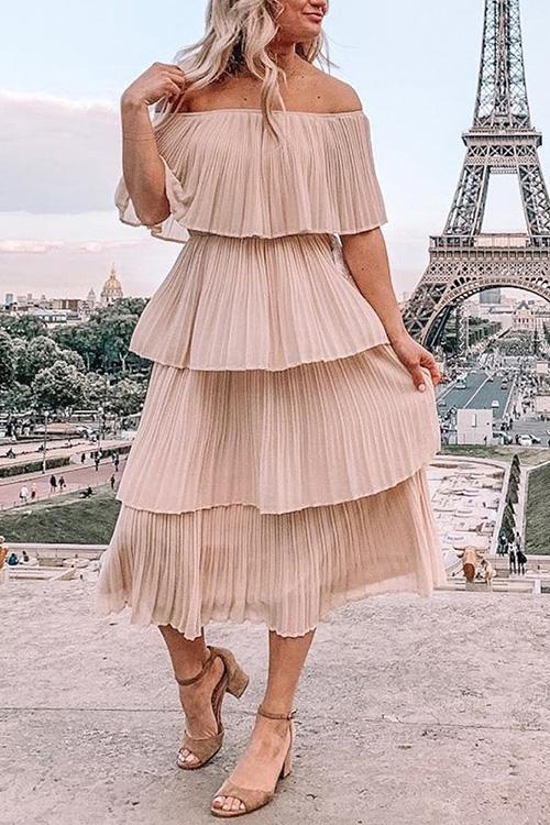 pleated off the shoulder dress