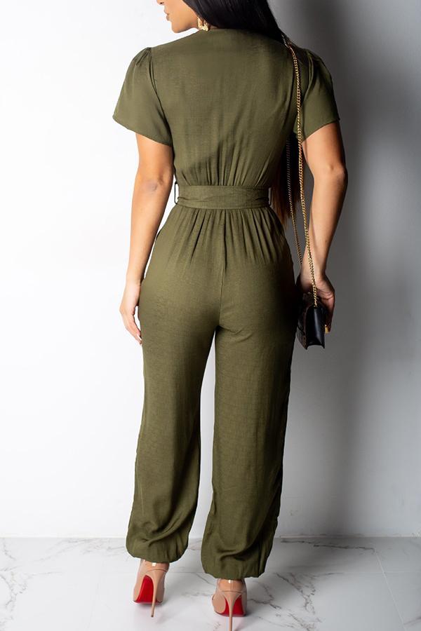 Button Belted Short Sleeve Jumpsuit