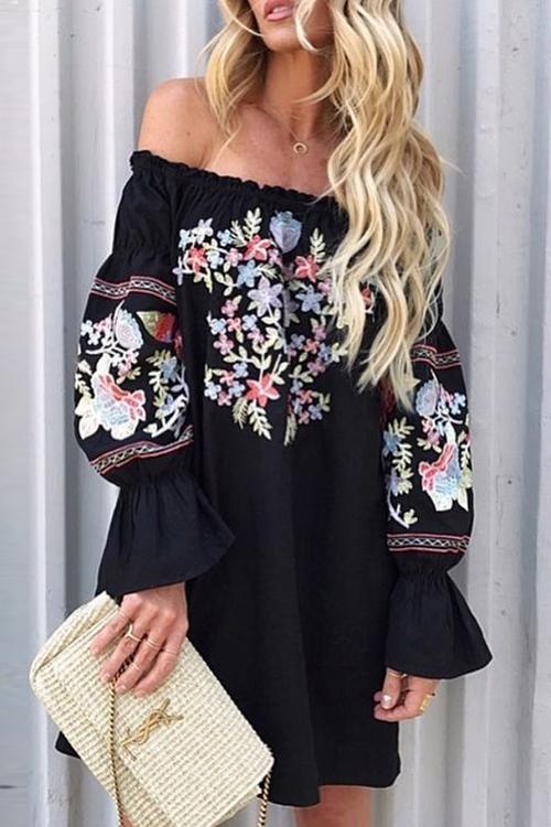 Embroidery Off Shoulder Puff Sleeve Mini Dress