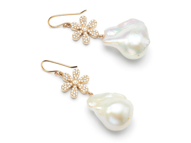 Diamond Daisy Earrings with Freshwater Baroque Pearls