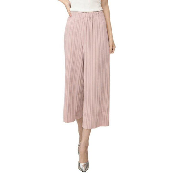 Women Elastic Waist High Waist Pleated Pants Nine Wide Leg Pants Big Swing Culottes - Ecart