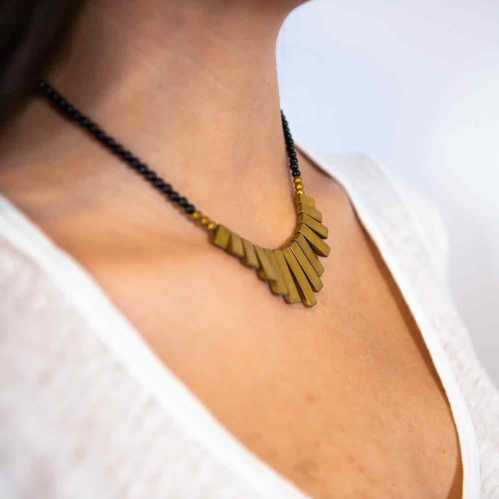 onyx and pyrite necklace modeled on neck