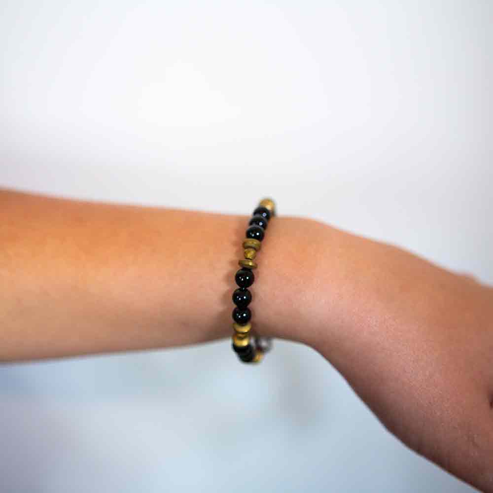 onyx and pyrite bracelet modeled on wrist
