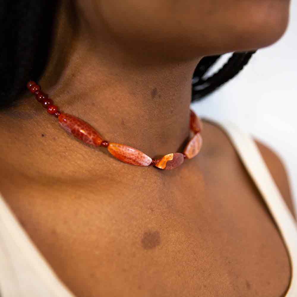carnelian necklace modeled on neck