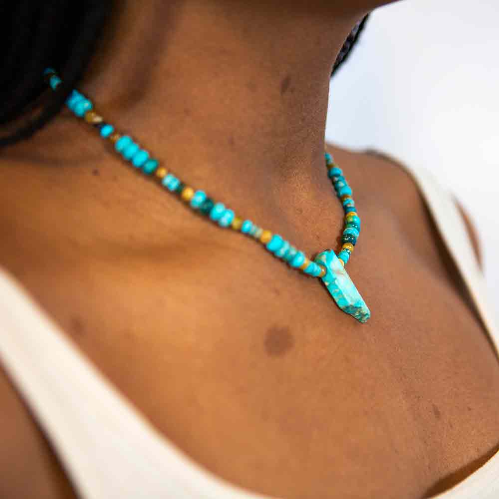 impression jasper necklace modeled on neck