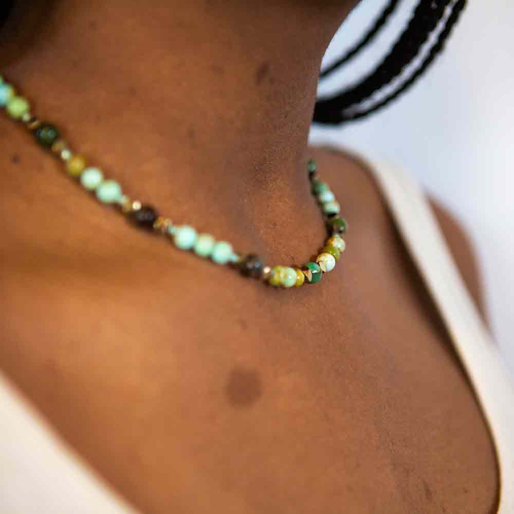 chrysoprase and hematite heart chakra choker necklace modeled on neck