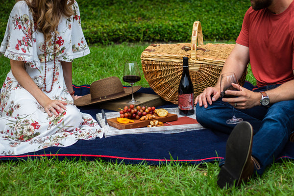 Man and woman having picnic on blanket with wine and grapes.