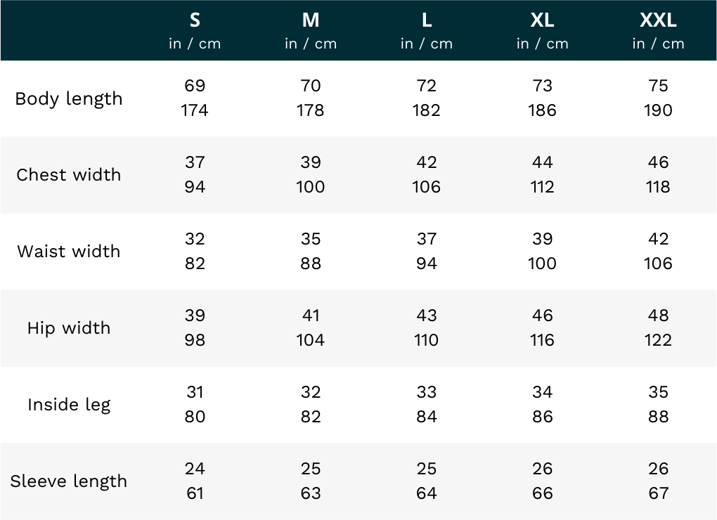 apparel sizing chart