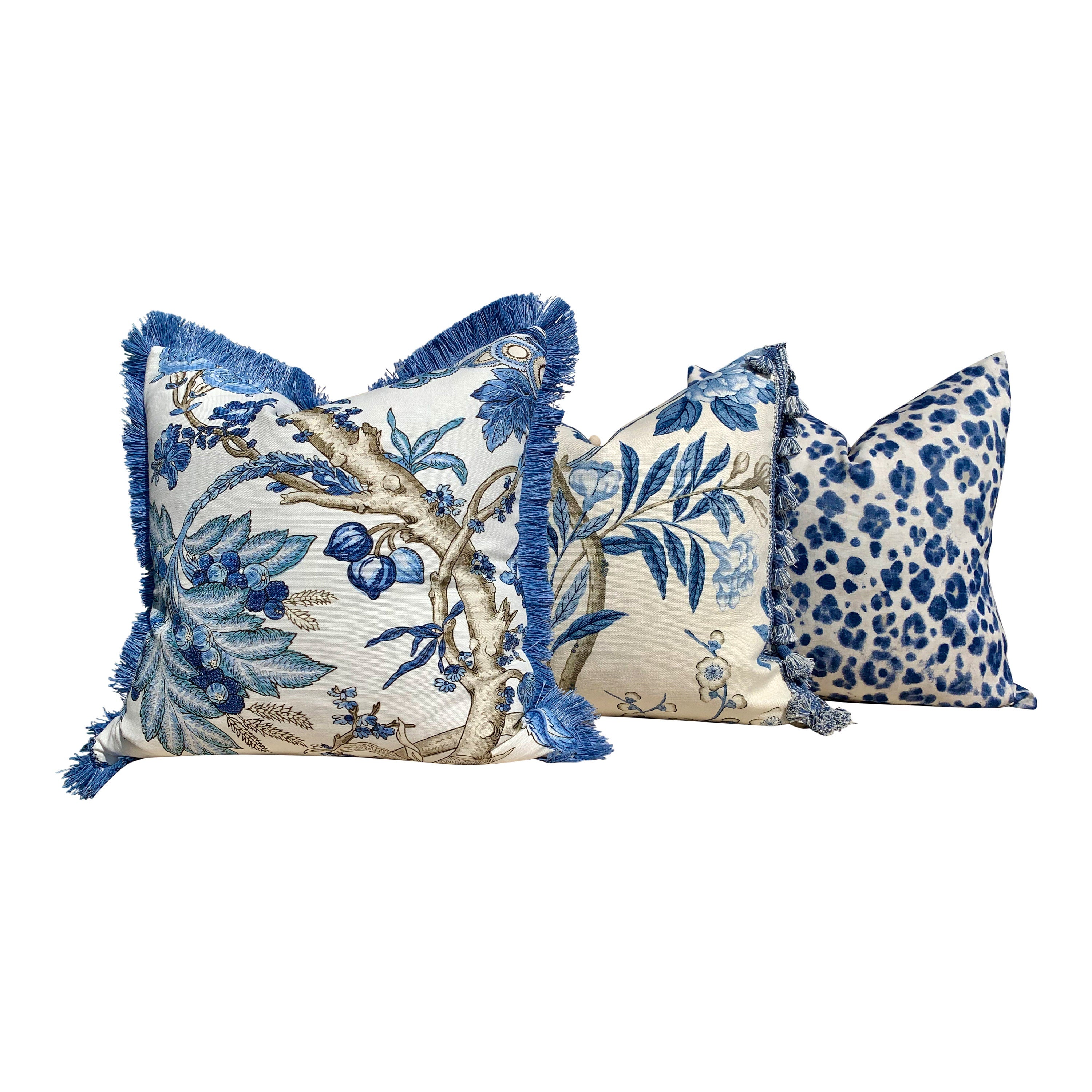 Chatelain French Blue Pillow , Brush Fringe. Floral French Country Blue and White Pillow Cover, Decorative Lumbar Cushion Euro Sham 26x26
