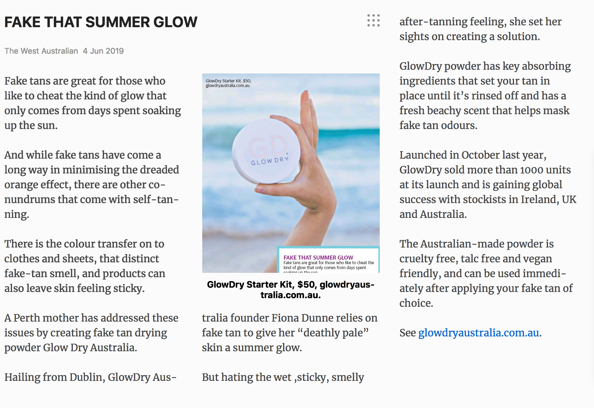 Fake that summer glow - The West Australian Article June 2019