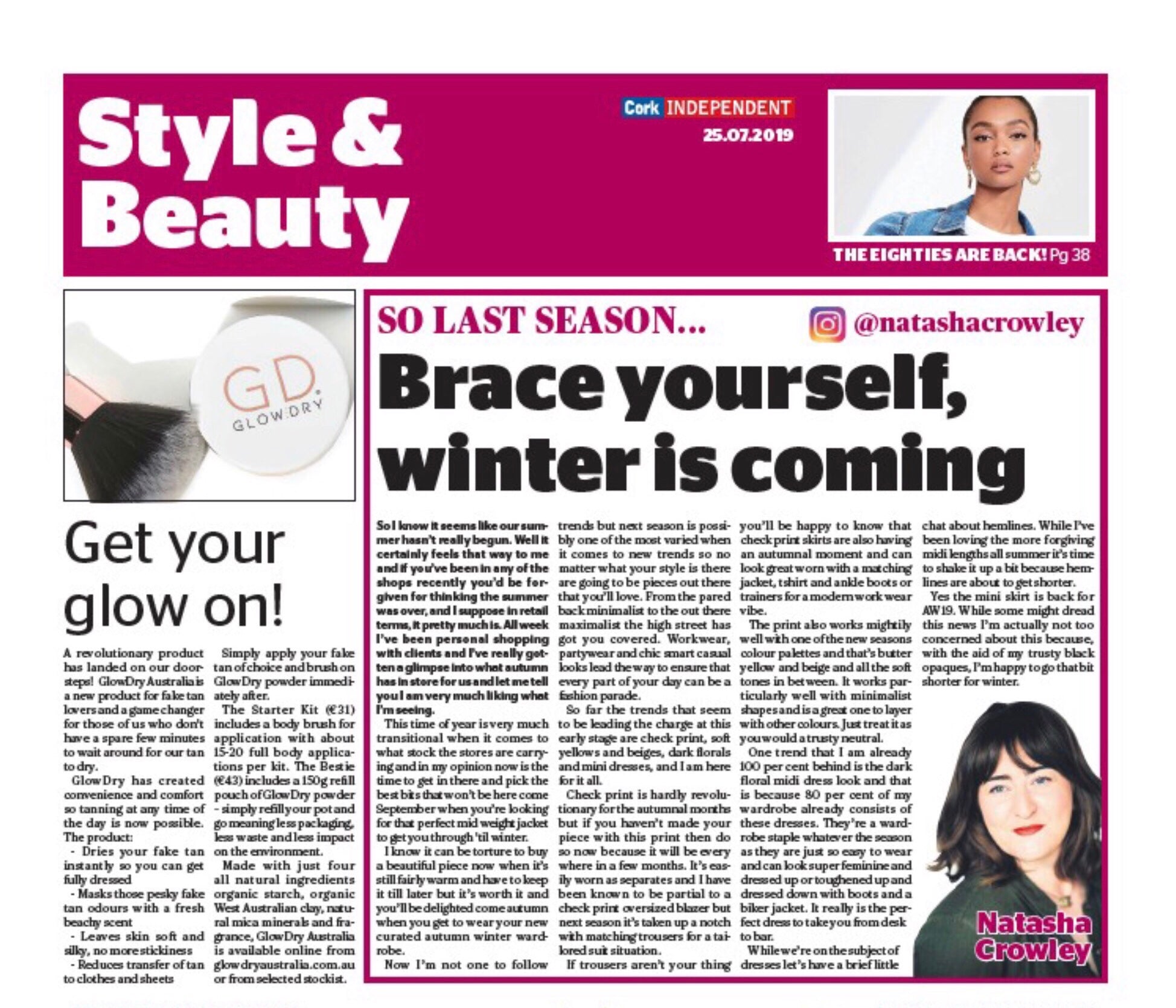 Get your glow on! GlowDry Australia article, Cork Independent Ireland July 2019