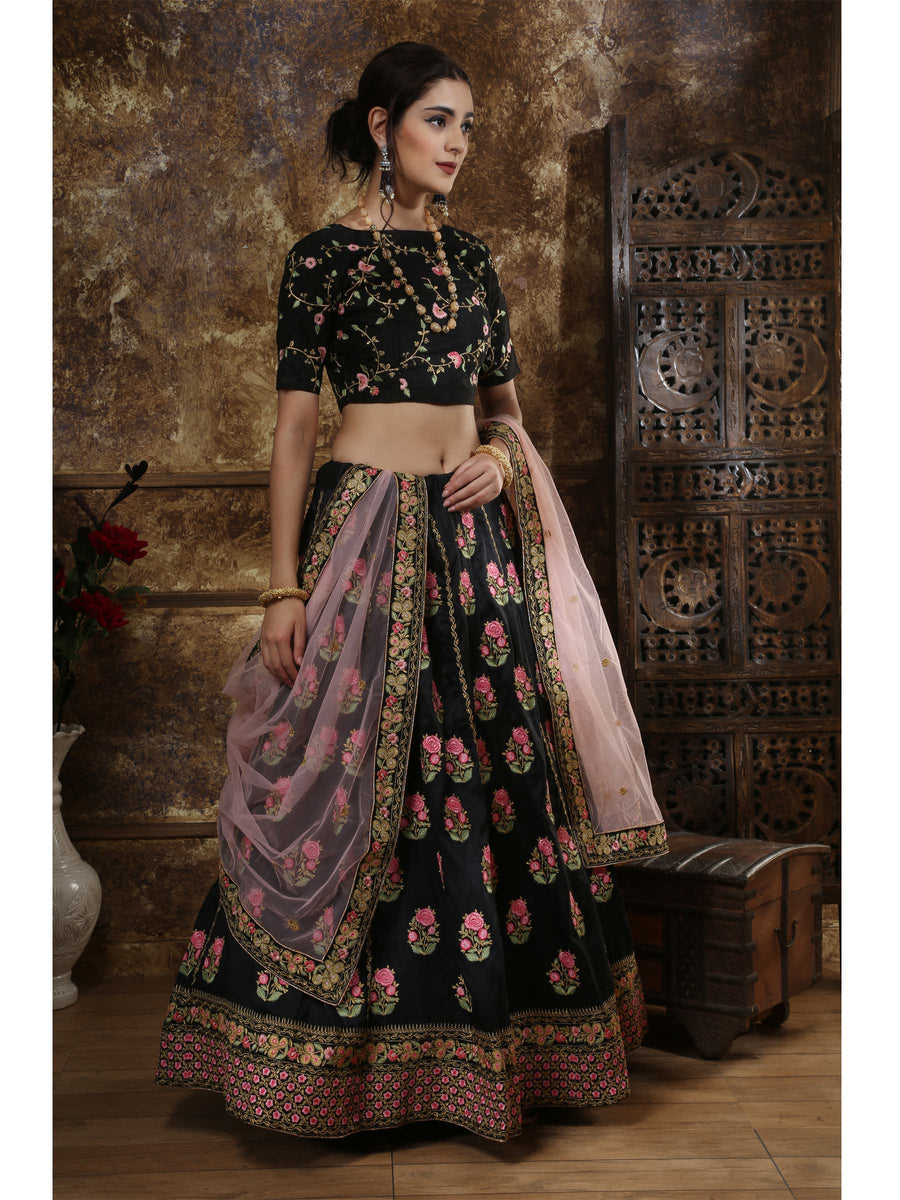 Phantom Silk Fabric Designer Black Color Zari Work Lehenga Choli