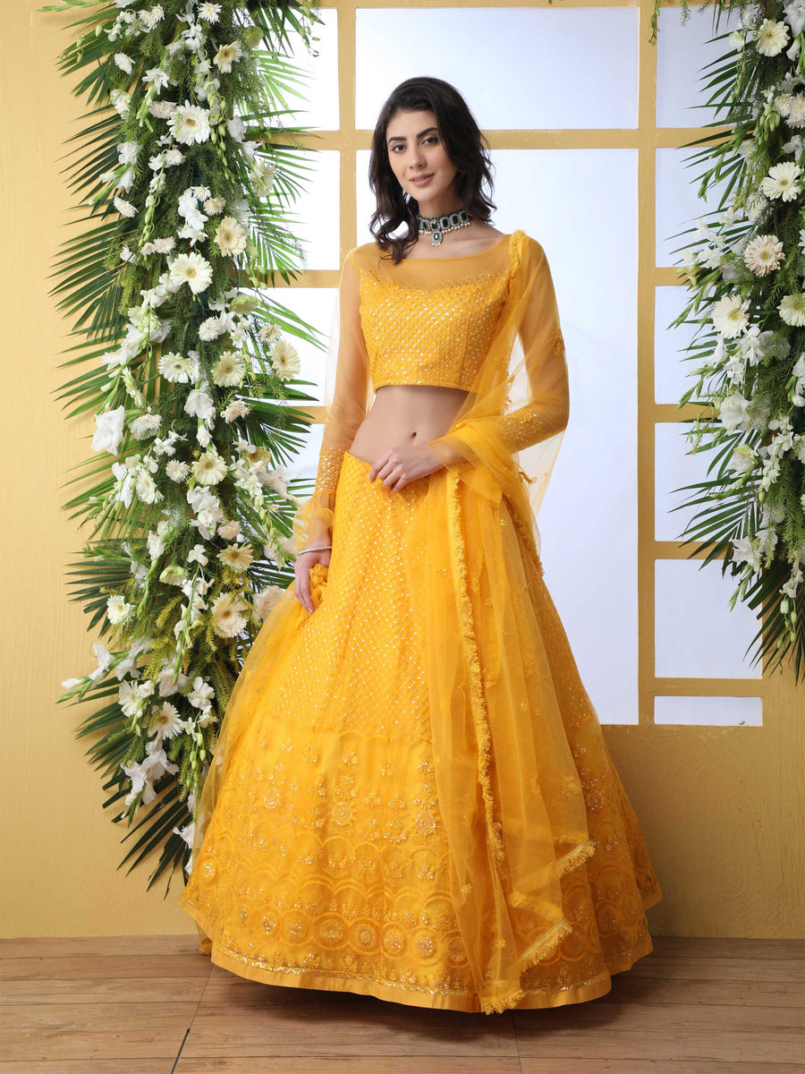 Net Fabric Mustard Yellow Color Thread Embroidered Designer Lehenga Choli