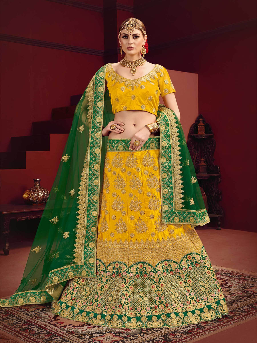 Satin Fabric Designer Yellow Color Zari Work Lehenga Choli