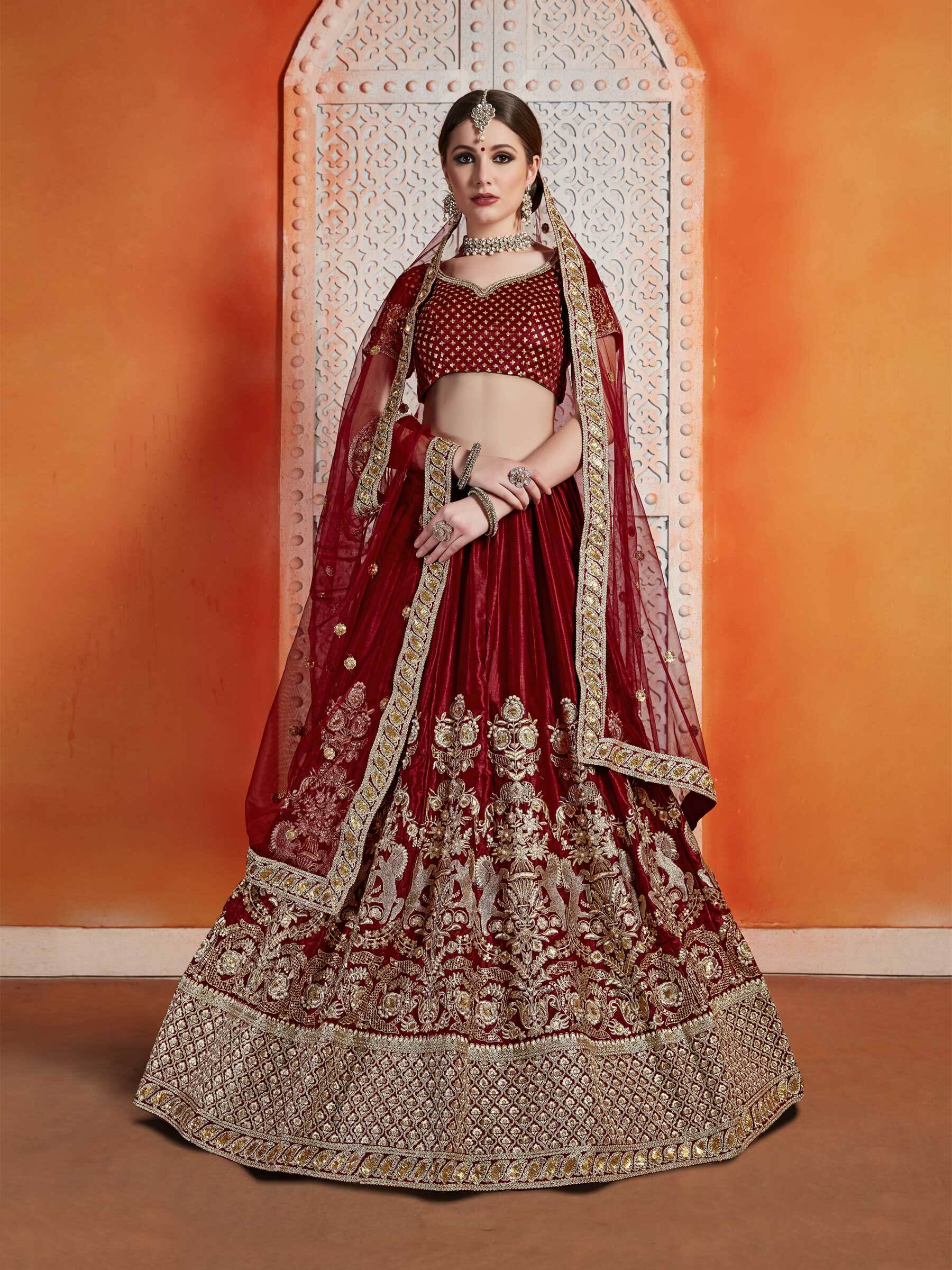 Buy Designer Semi Velvet Fabric Maroon Color Zari Work Lehenga