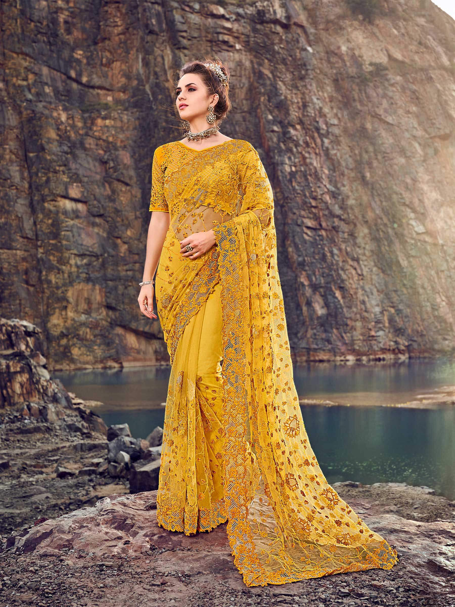 Designer Yellow Color Digital Net Fabric Saree with Thread Work