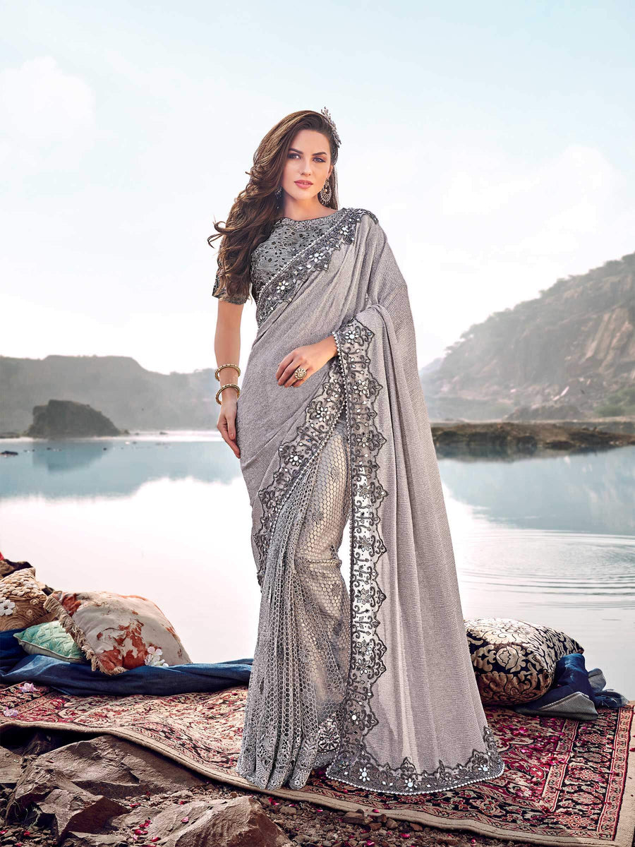 Designer Gray Color Korean Fabric Saree with Cutdana Heavy Hand Work