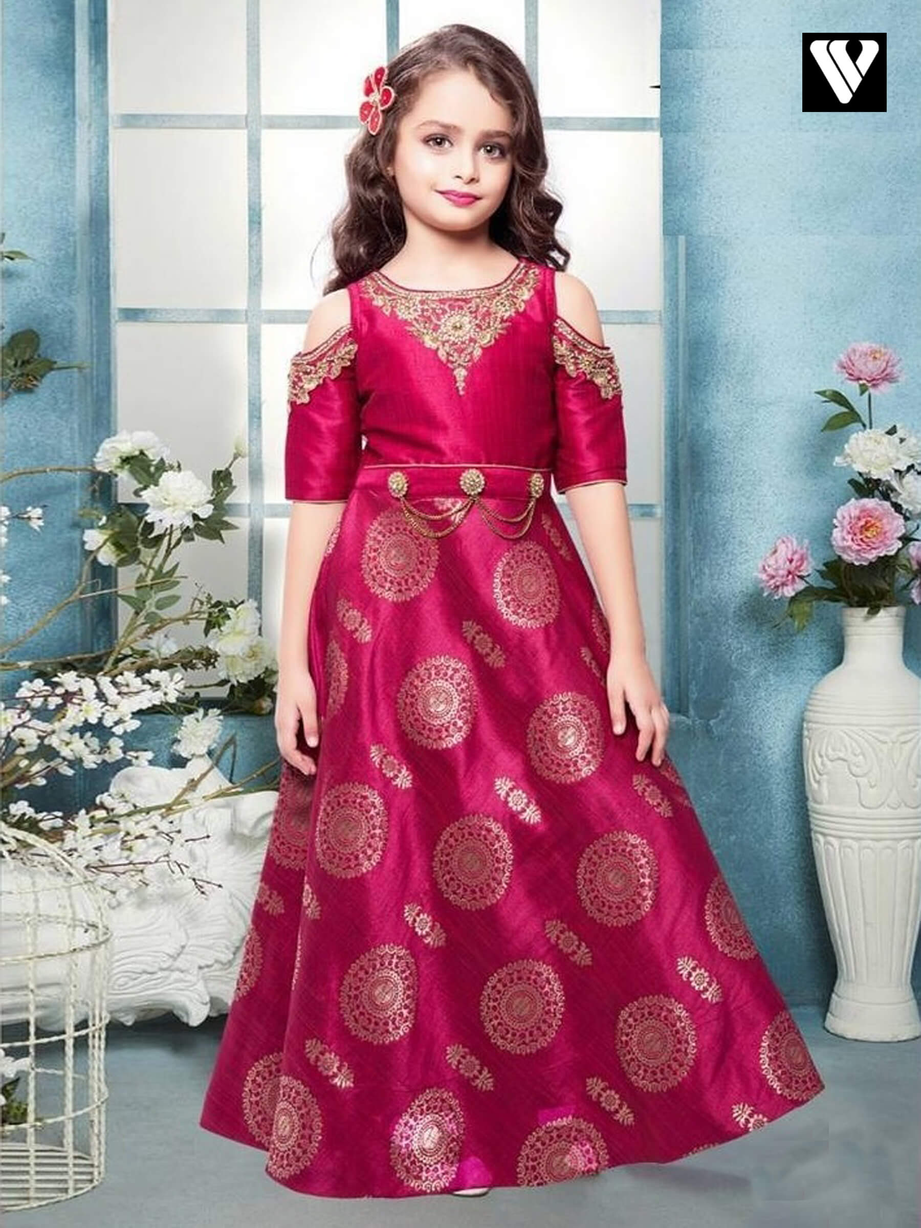 Jacquard Fabric Embellished Dark Pink Color Gown