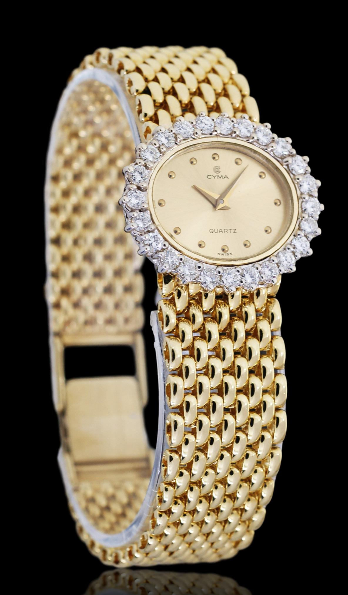 Cyma 14k Yellow Gold Ladies Quartz Watch 2.00ct Diamond Bezel – West
