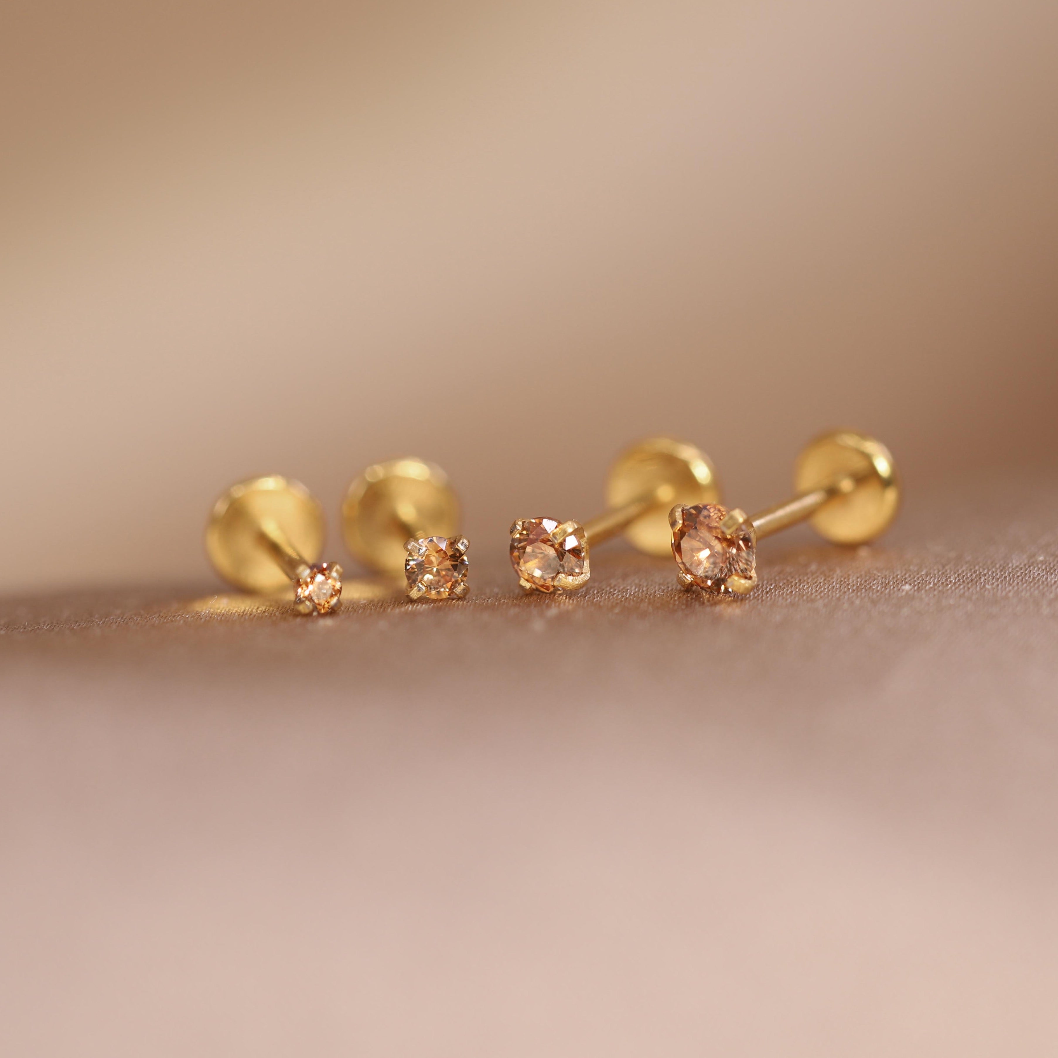 Tiny Crystal Push Pin Flat Back Earring, Titanium - Gold / 18g: Healed Cartilage Piercings / 8mm at Maison Miru