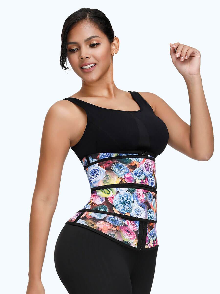 Rose Print Double Belts Waist Cincher