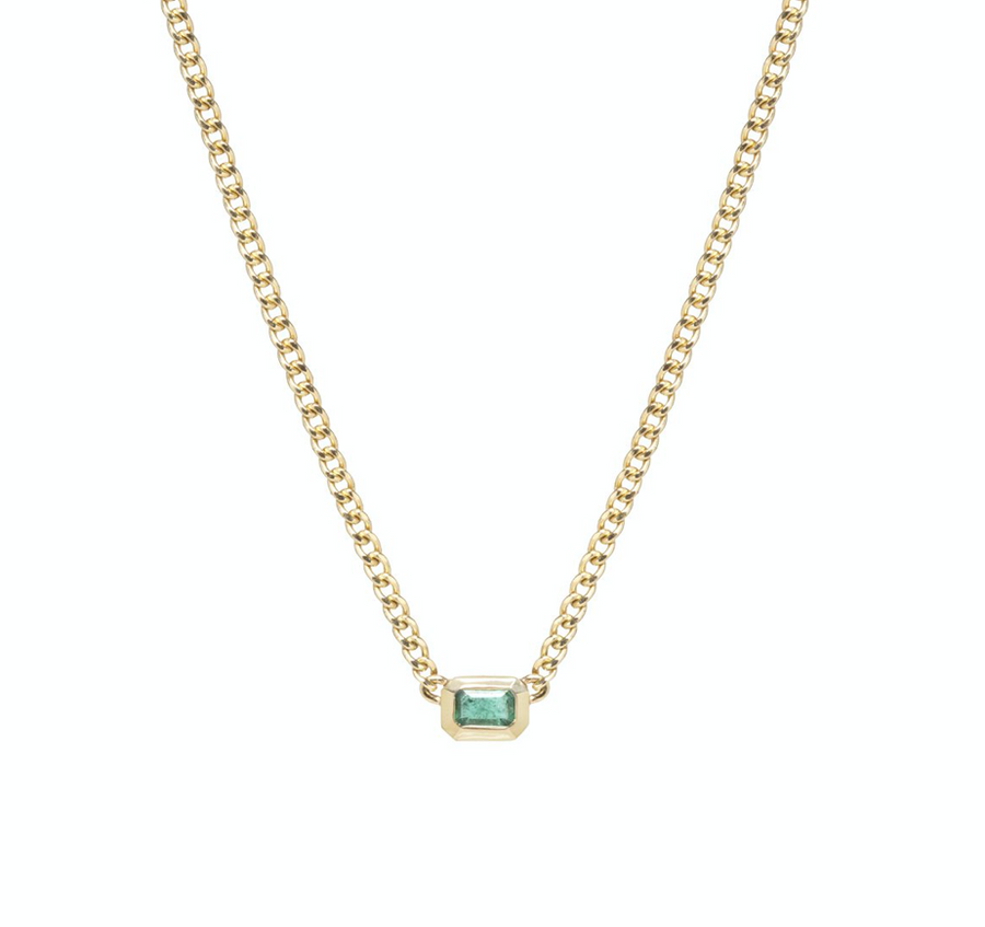 14K EXTRA SMALL CURB CHAIN EMERALD CUT EMERALD BEZEL NECKLACE - Millo Jewelry