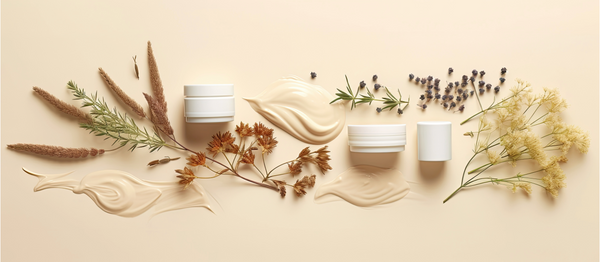 Artistic arrangement of botanical plants and cosmetic products