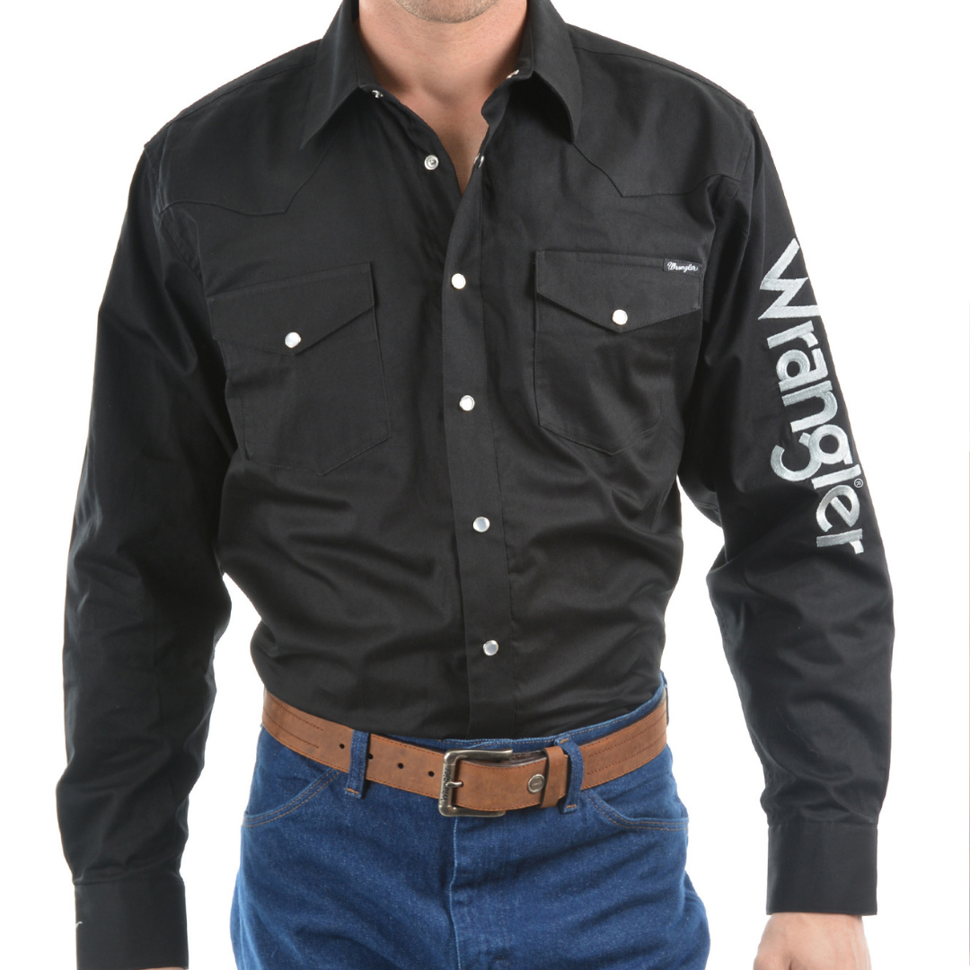 Wrangler Mens Rodeo Logo LS shirt- BLACK