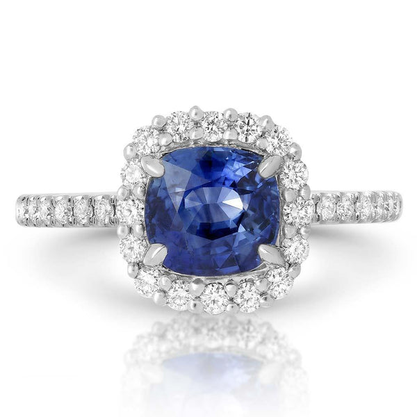 Blue Sapphire & Diamond Halo Ring | Victoria Jones Jewelry