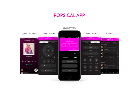 Popsical Karaoke App - select songs, create playlists, queue songs, adjust pitch, speed and more