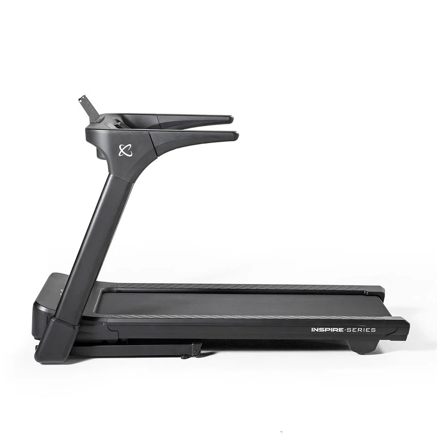 Inspire T4 Folding Treadmill with digital console and tablet holder.”