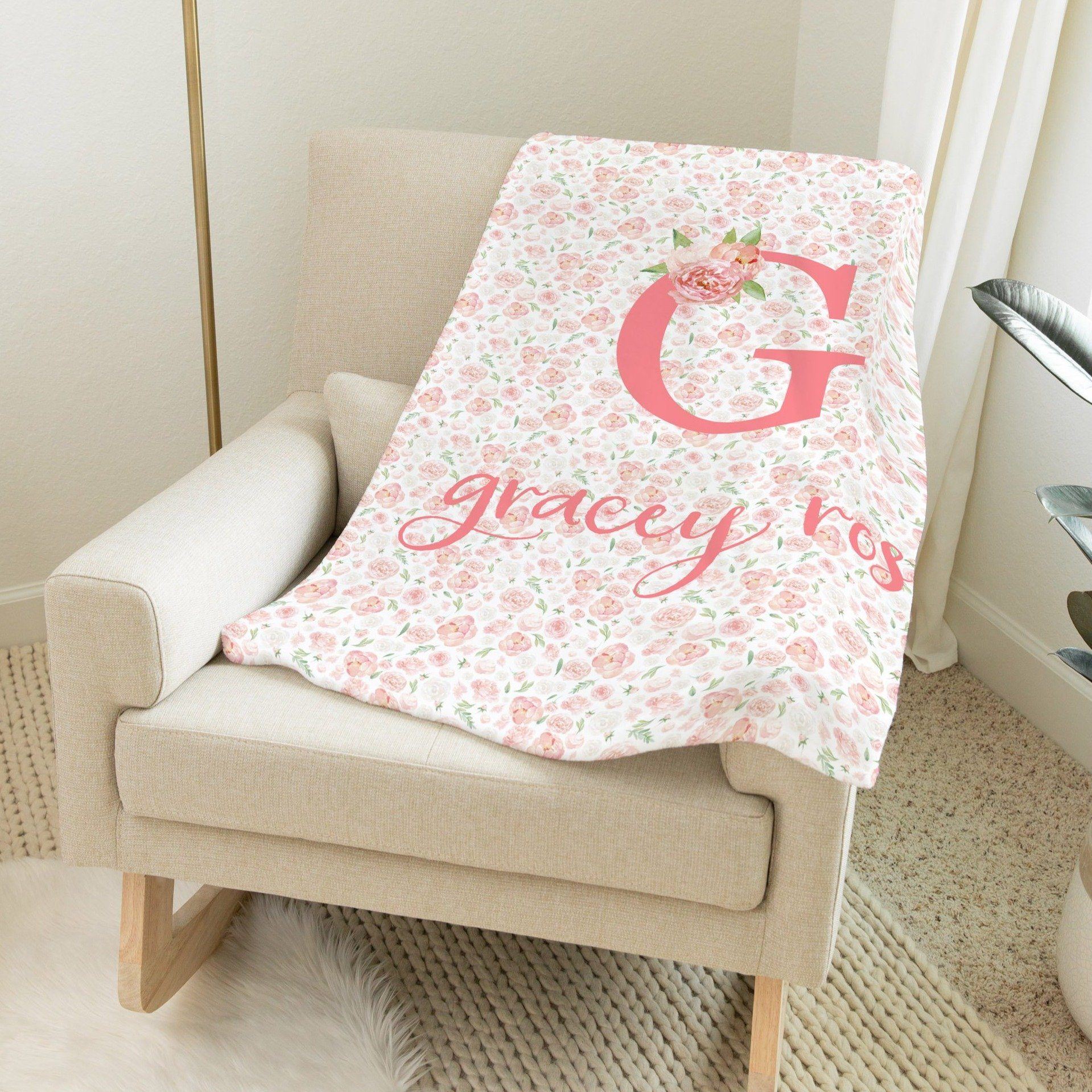 Dark Blush Floral Blanket Personalized Baby Blankets With Name TheGracefulGoose