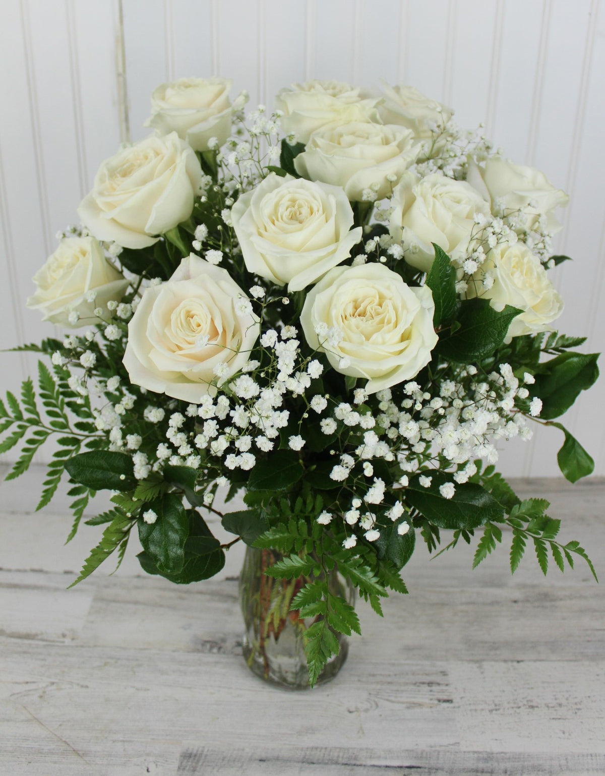 One Dozen White Roses With Babys Breath In A Vase — The Florist At