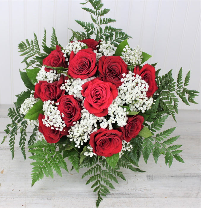 Bouquet Of One 1 Dozen Forever Roses With Baby S Breath And Greens The Florist At Decker S Nursery