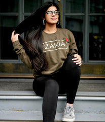 military green name sweatshirt with small red rose embroidery on the corner
